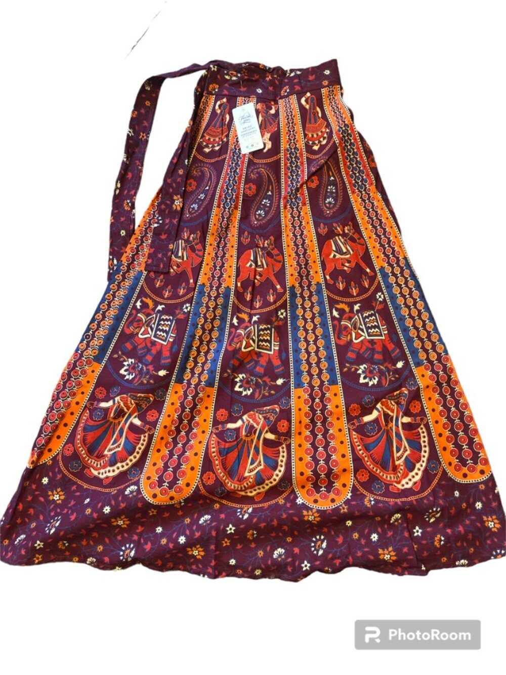 Burgundy, Orange Mixed Print Maxi Skirt Ethnic Pattern Made in India NWT